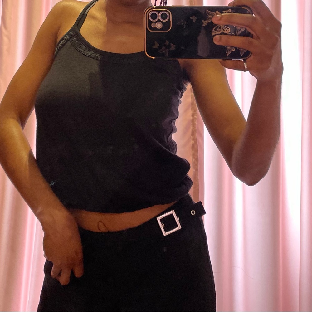 Parasuco Black Ruffle-Trim Spaghetti Strap Tank